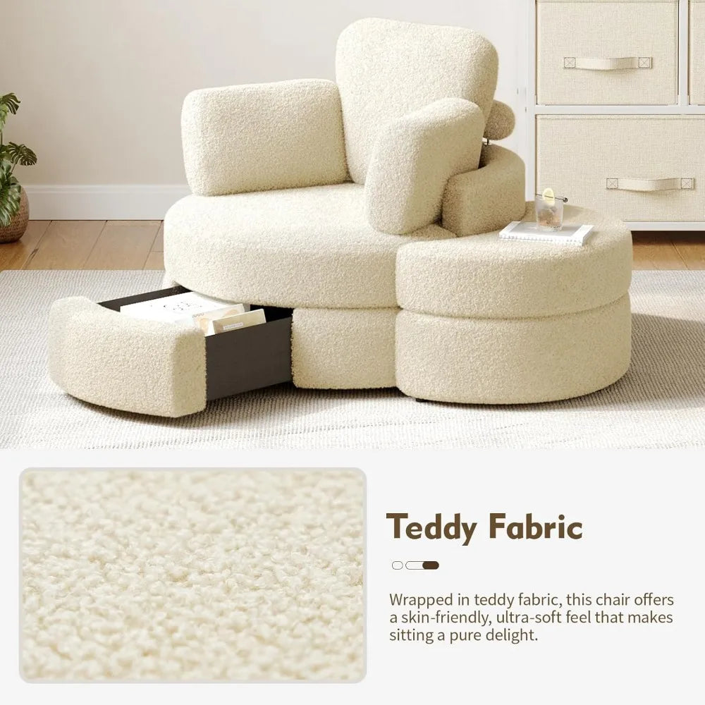 Accent Chair with Half Moon Ottoman, Round Chairs with Drawer Storage for Living Room, 360° Barrel Chair with USB Charging
