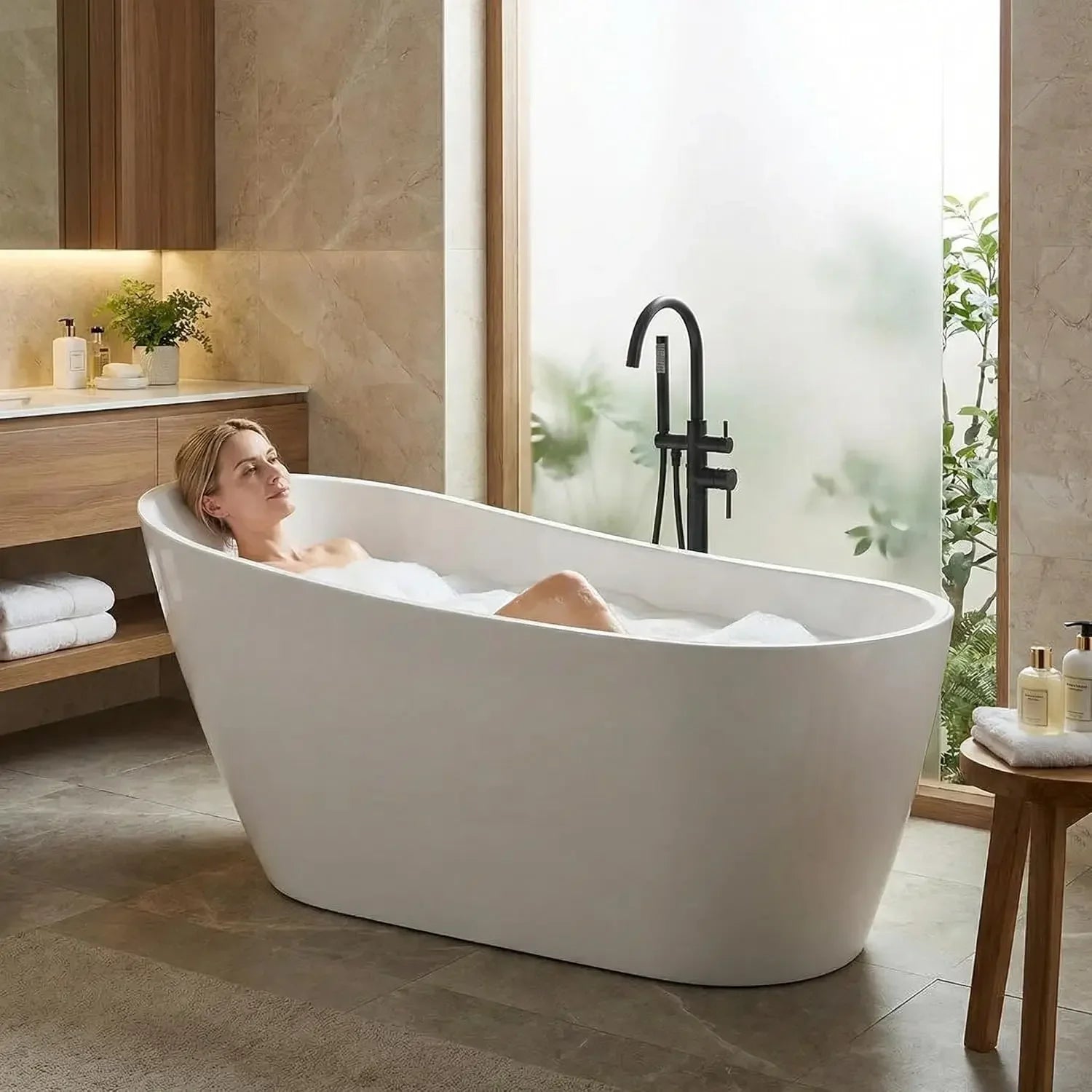 59" Acrylic Freestanding Soaking Bathtub, Free Standing Tub, Stylish Stand Alone Contemporary Soaking Tub with Integrated Overfl