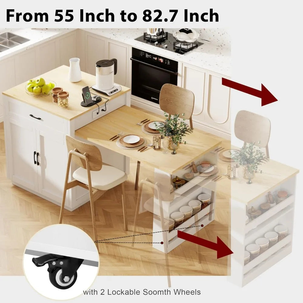 YQXH Kitchen Island With Extendable Dining Table Storage Power Outlet