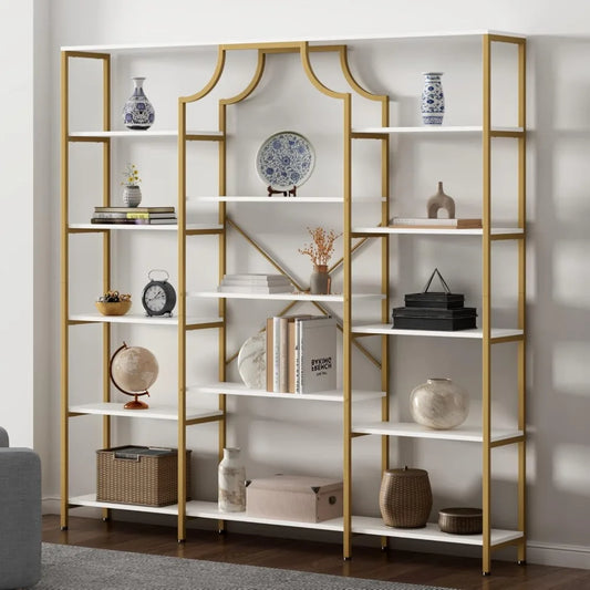 Triple Wide Bookshelf, 70.87" W/H Large Tall Etagere Bookcase, Modern 13-Open Shelves Geometric Bookshelf, Display Storage Meta