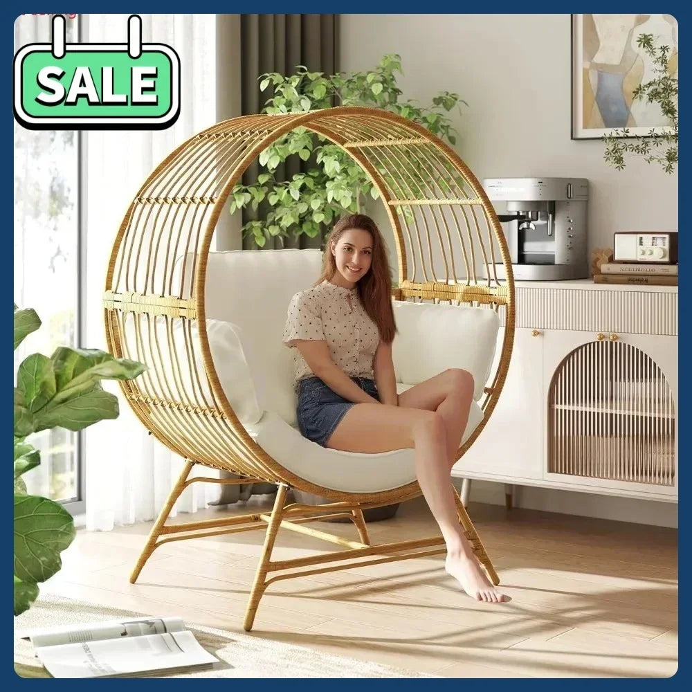 BestsellerEgg Chair Outdoor Indoor, Oversized Rattan Chair with Thicken Cushion, 350LBS Capacity Wicker Patio Lounge Chair, Bask