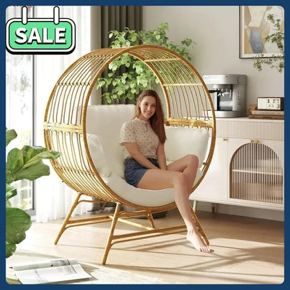 BestsellerEgg Chair Outdoor Indoor, Oversized Rattan Chair with Thicken Cushion, 350LBS Capacity Wicker Patio Lounge Chair, Bask