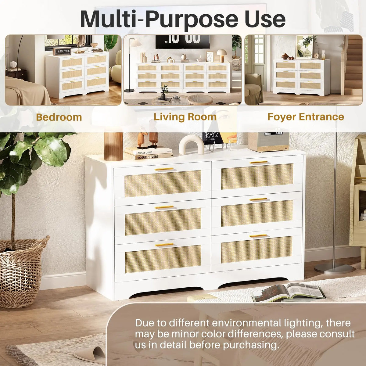 Rattan Six Drawer Dresser for Bedroom and Living Room Storage