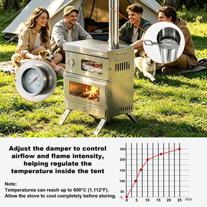 Unho Portable Wood Burning Camping Stove with Oven and Chimney