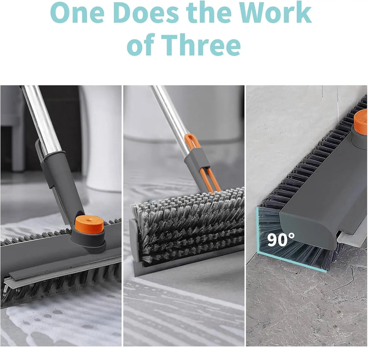 AIR U+ Floor Scrub Brush with Long Handle, 3-in-1 Rotating Head &amp; Squeegee | Stiff Dual-Sided Bristles for Shower, Bathroom, Kitchen and Patio, 30–50 In Handle for Easier Stand-up Cleaning, Gray