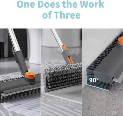 AIR U+ Floor Scrub Brush with Long Handle, 3-in-1 Rotating Head &amp; Squeegee | Stiff Dual-Sided Bristles for Shower, Bathroom, Kitchen and Patio, 30–50 In Handle for Easier Stand-up Cleaning, Gray