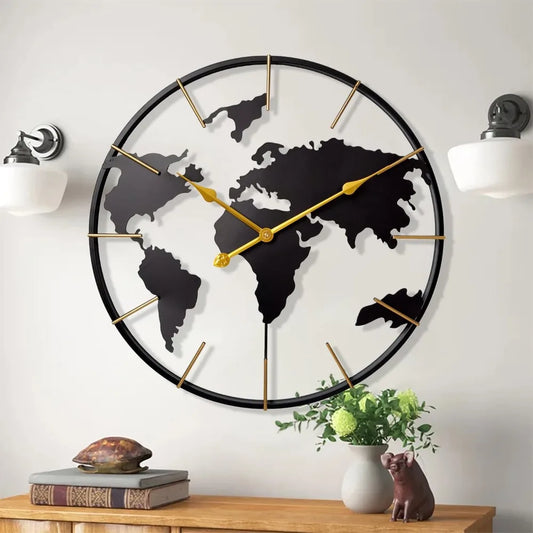 World Map Wall Clock, Metal Minimalist Modern Clock, Round Silent Non-Ticking Battery Operated Wall Clocks for Living Room/Home.