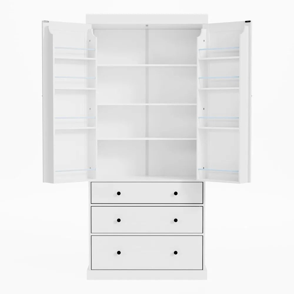 77 Inch Farmhouse Kitchen Pantry, Wood Storage Cabinet with Adjustable Shelves, Door Shelves, Drawers for Kitchen Dining Room