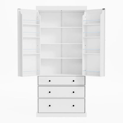 77 Inch Farmhouse Kitchen Pantry, Wood Storage Cabinet with Adjustable Shelves, Door Shelves, Drawers for Kitchen Dining Room