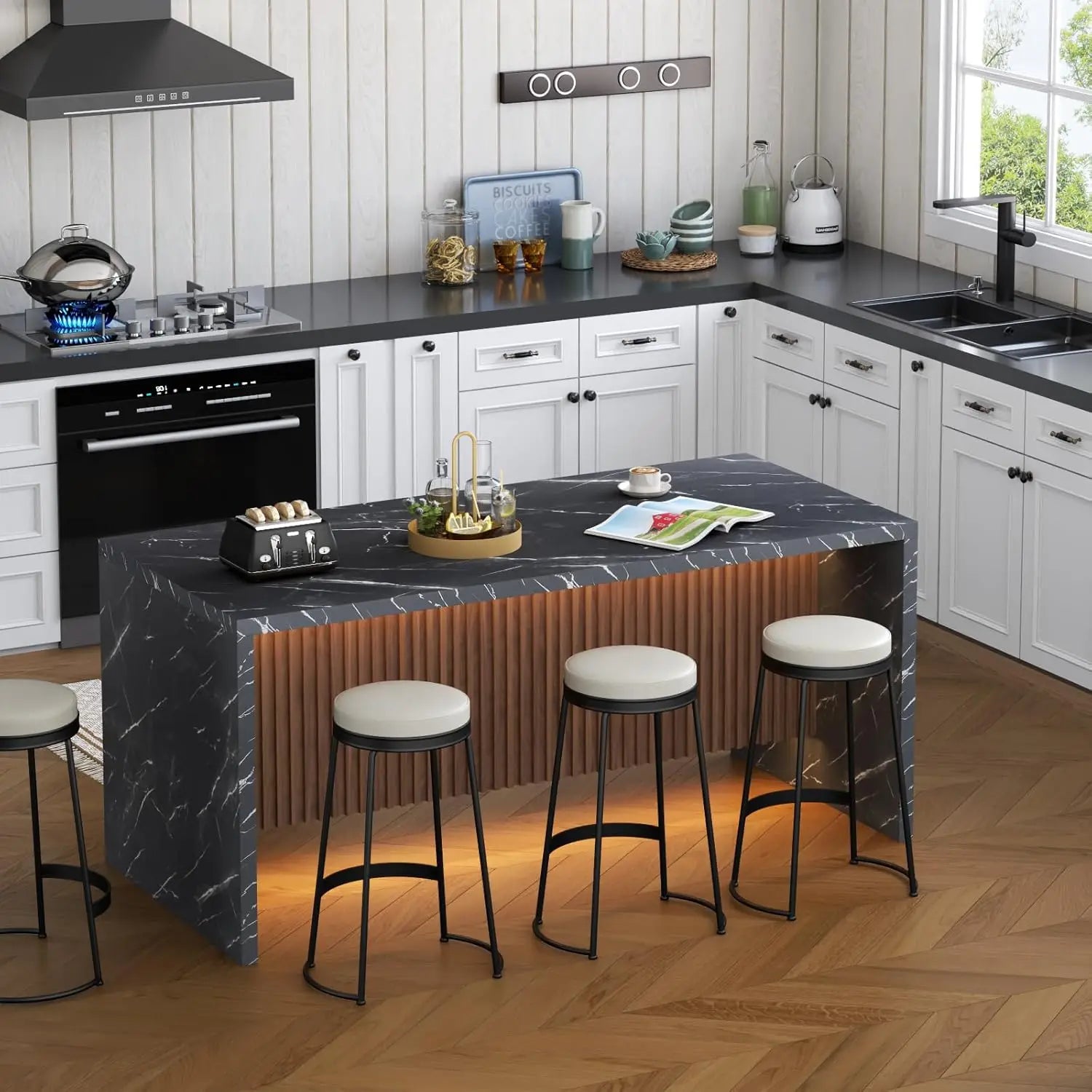 71" Large Imitation Marble Dining Table for 4-6 People, Island Table with LED Lights, Marble Stripes Kitchen Dining Tabl