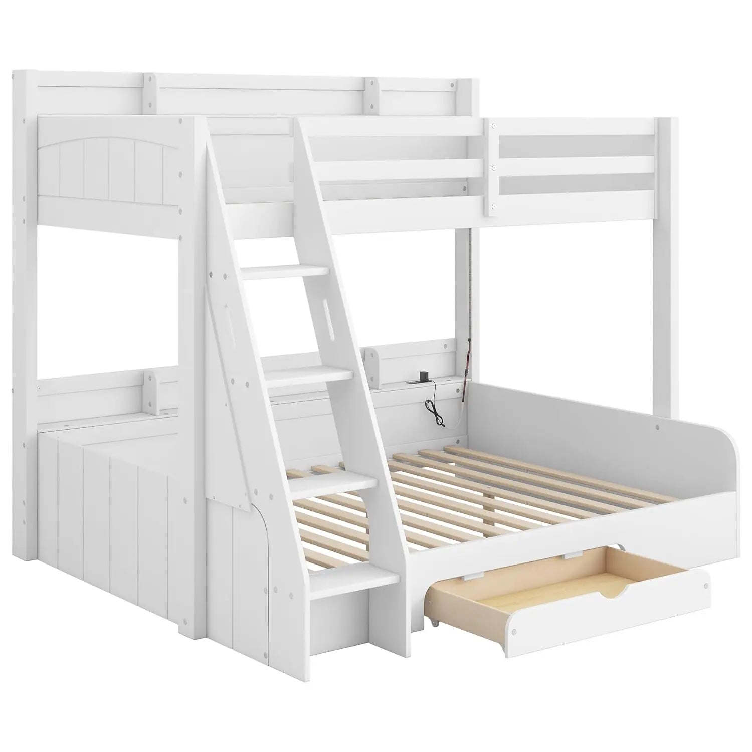 Twin Over Full Bunk Bed with Storage Shelves LED Charging Station &amp; Drawer Solid Wood for Kids Teens Adults White, Customized
