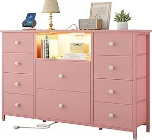LDTTCUK Dresser with Charging Station and LED Lights, Long Dresser for Bedroom Dresser TV Stand with 10 Drawers, Fabric Chest of