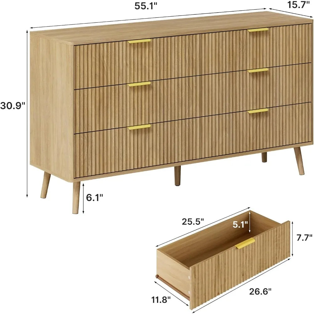 Natural Oak Dresser and Nightstand Set for Bedroom, Modern 3 Pieces Bedroom Furniture Set with Fluted Panel, Large 6 Drawer Dre