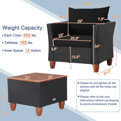 HOMASIS Rattan Conversation Set with Cushioned Sofa and Storage Table