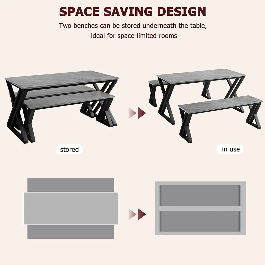 Kitchen Table Set with 2 Benches Space Saving Dining Room Table &amp; Benches Sturdy Metal Frame Dinette Set for Home Grey