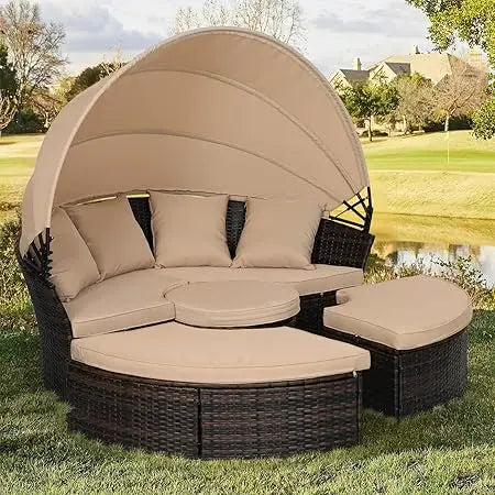 DAFIFY Outdoor Patio Daybed With Retractable Canopy Wicker Rattan Set