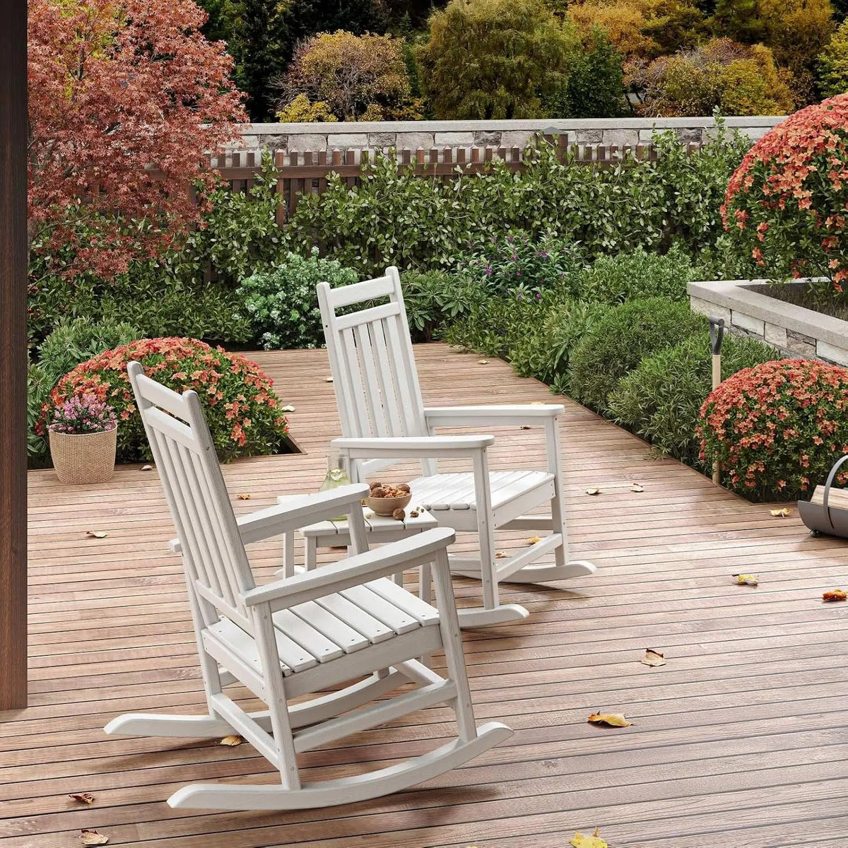 Outdoor Rocking Chairs Set of 2 with Side Table – HDPE High Back Patio Rocker, All-Weather Porch &amp; Garden Furniture
