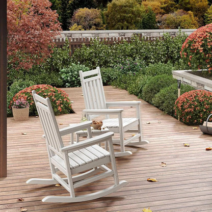 Outdoor Rocking Chairs Set of 2 with Side Table – HDPE High Back Patio Rocker, All-Weather Porch &amp; Garden Furniture