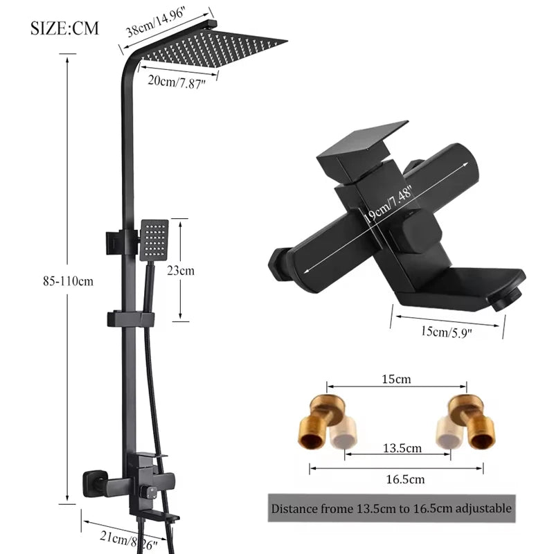 Bathroom Shower Faucet Wall Mounted 8" Shower Set Square Rainfall Hot Cold Water Bath Spout