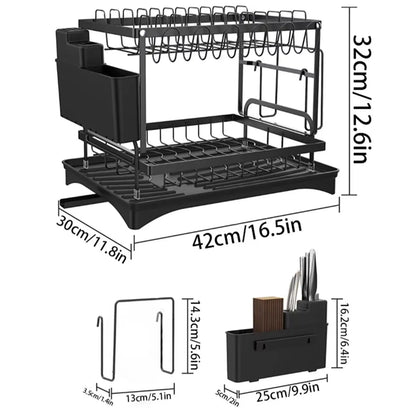 2-Tier Large Kitchen Countertop Drying Rack, Black | Removable Large Capacity Dish Drainer with Automatic Drainage, Rust-Resistant Rack, with Cup Holder and Utensil Holder