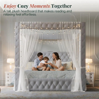 holstered Canopy Bed Frame Queen Size with 74.8 Tall Four Poster and Velvet DeepTufted Tall Headboard with Charging Station M