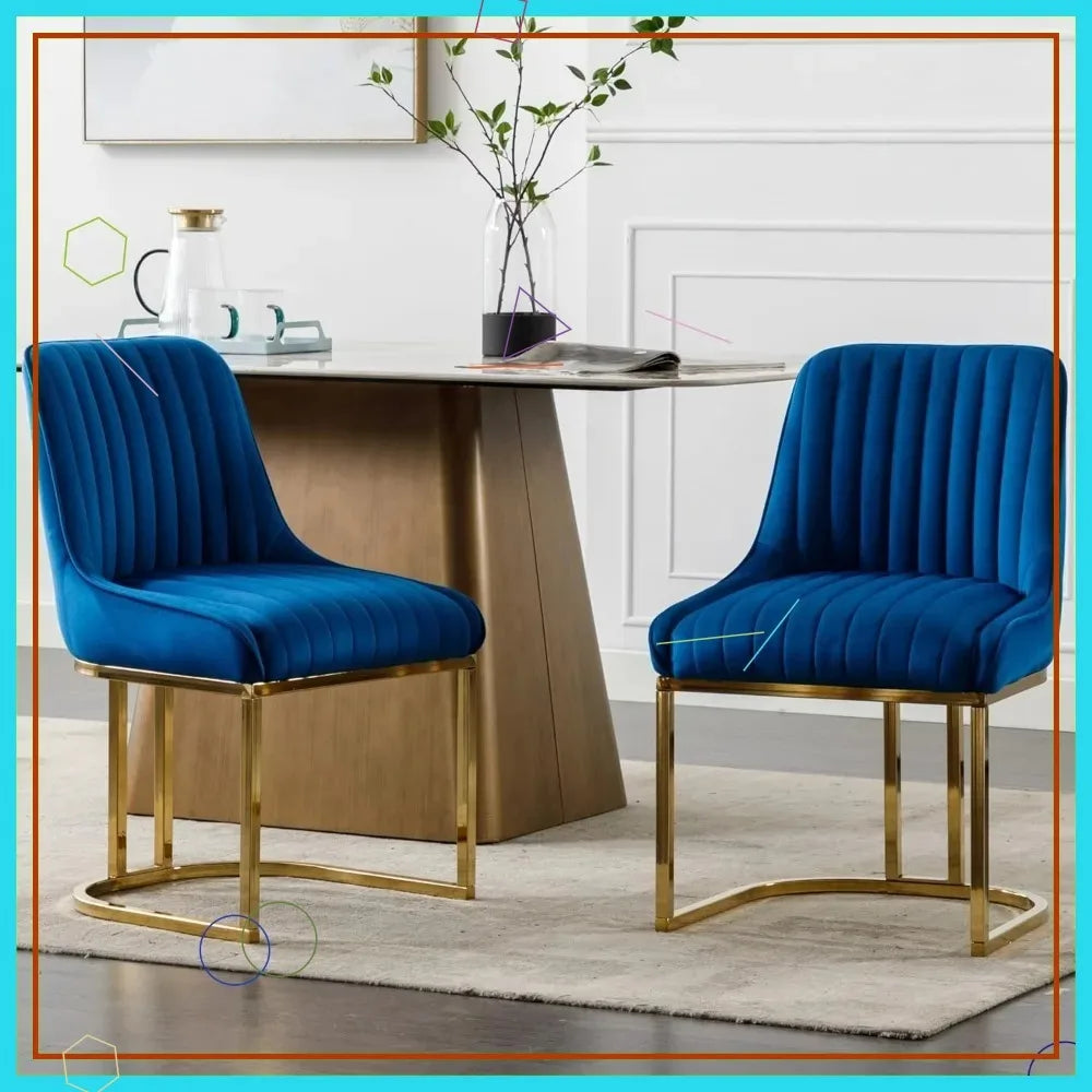 Modern Velvet Dining Chairs Set of 2, Gold Metal Legs, Blue Upholstered Kitchen/Living Room Side Chairs