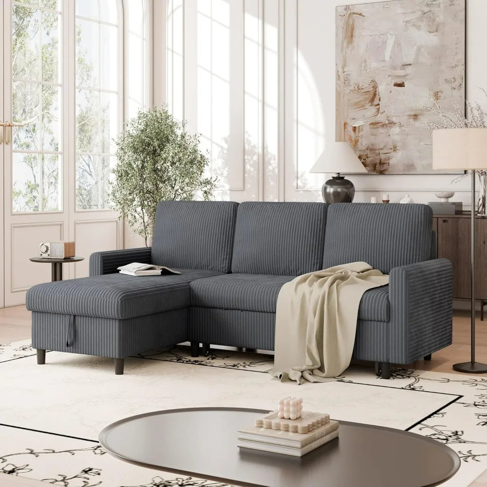 Vongrasig L Shaped Convertible Sofa Bed Pull Out Couch Storage Chaise Corduroy Dark Grey