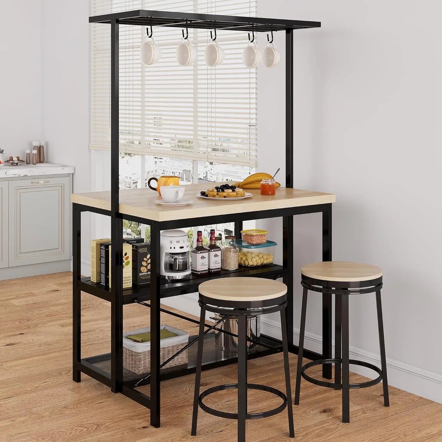 Kitchen Island with Storage, Bakers Rack with Power Outlet, Island Table for Kitchen,3 Tier Microwave Stand Oven Shelf Bar Table