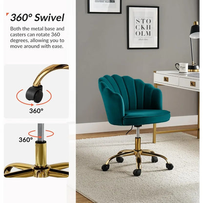Velvet Home Office Chair with Gold Base, Womans Modern Cute Shell Back Upholstered Desk Chair for Vanity, Adjustable