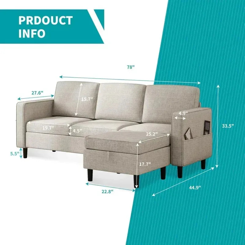 RPD4-Bus 78"W 3 piece living room couch set.3 seater sofa storage ottoman and loveseat furniture sets. modern L shaped section