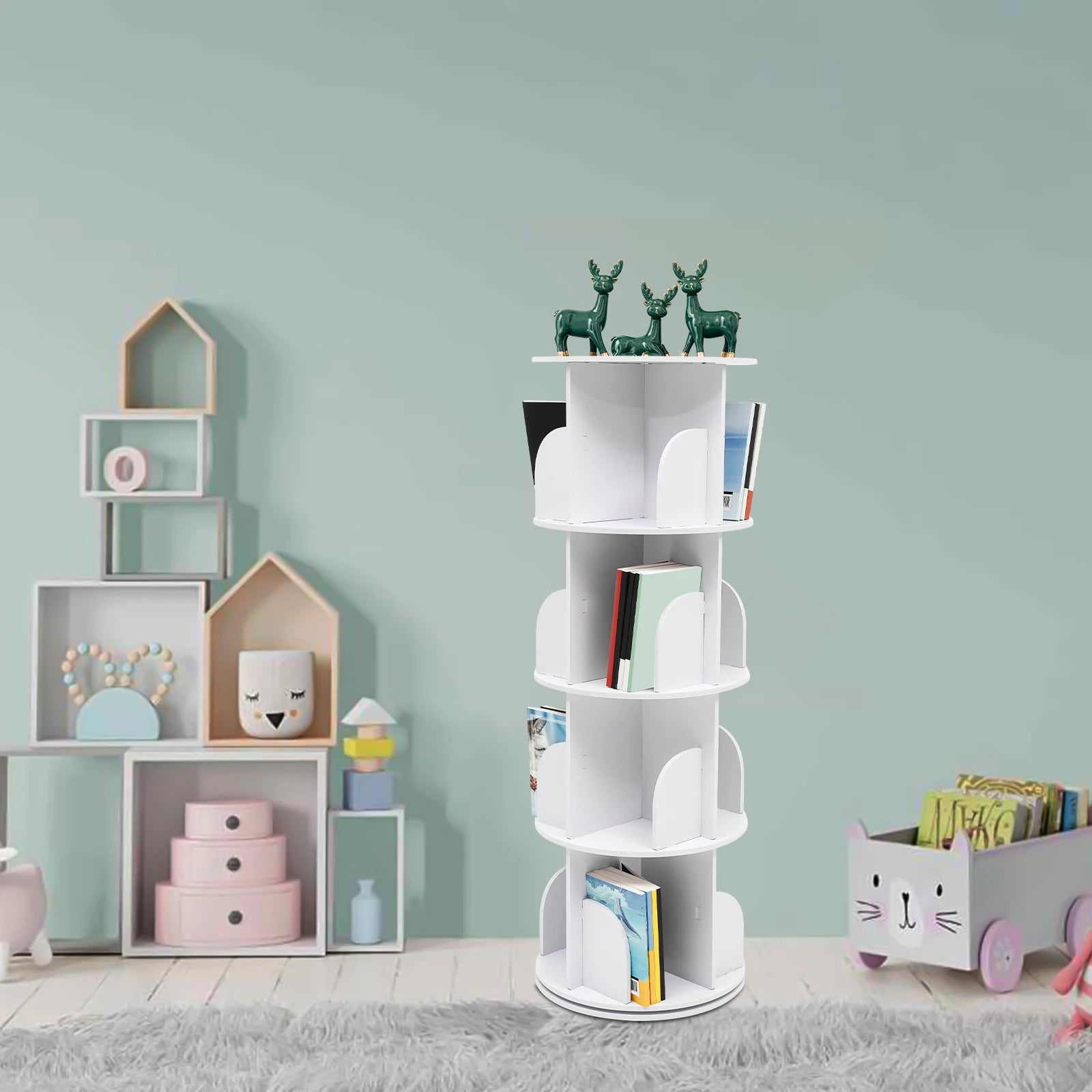 Bookcase w/ 360° Rotating Design, Steel Ball Bearing for Silent and Smooth Rotation, Multi-Layer Stacking Shelf for Easy