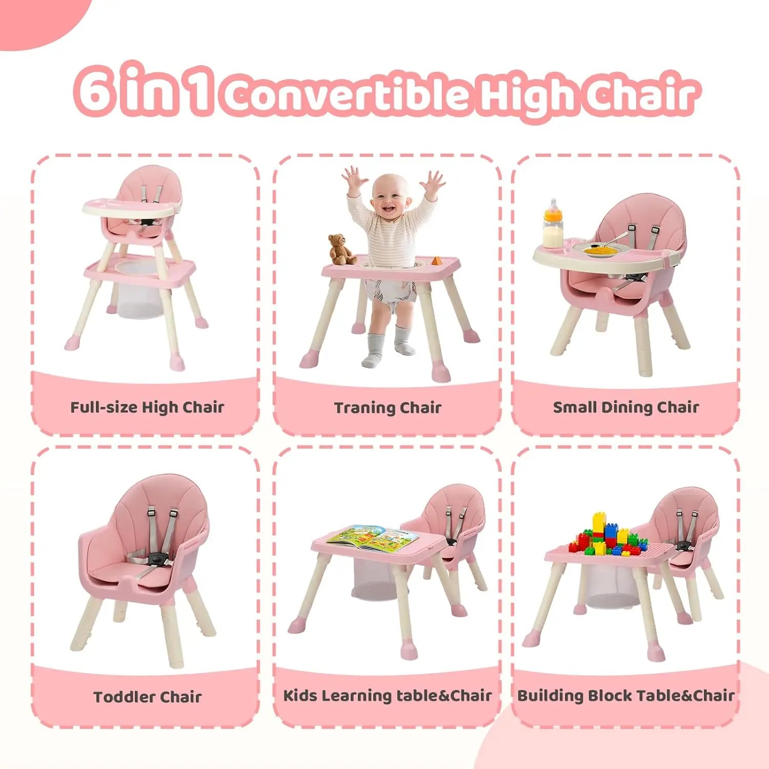 7-in-1 Convertible High Chair for Babies and Toddlers with Storage Basket in Pink