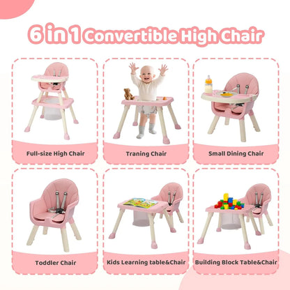 7-in-1 Convertible High Chair for Babies and Toddlers with Storage Basket in Pink