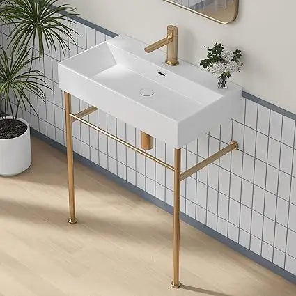 30"x16" Console Bathroom Sink, Free Standing 30 Inch Bracket Stainless Steel Support Pedestal Legs, Wall Mount Vessel Ceramic V