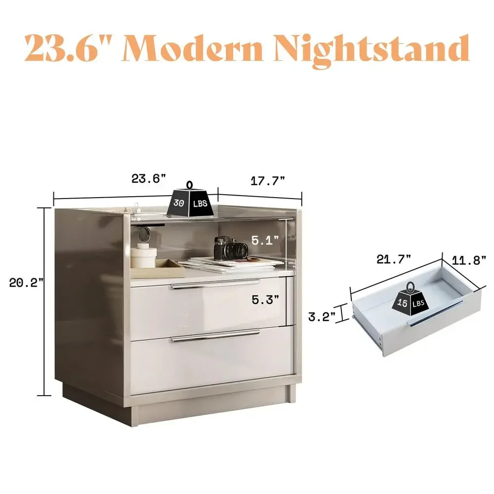 High Gloss 3 Piece Bedroom Furniture Set with 8 Drawer Dresser LED Light &amp; 2 Nightstands Charging Station - Modern Storage