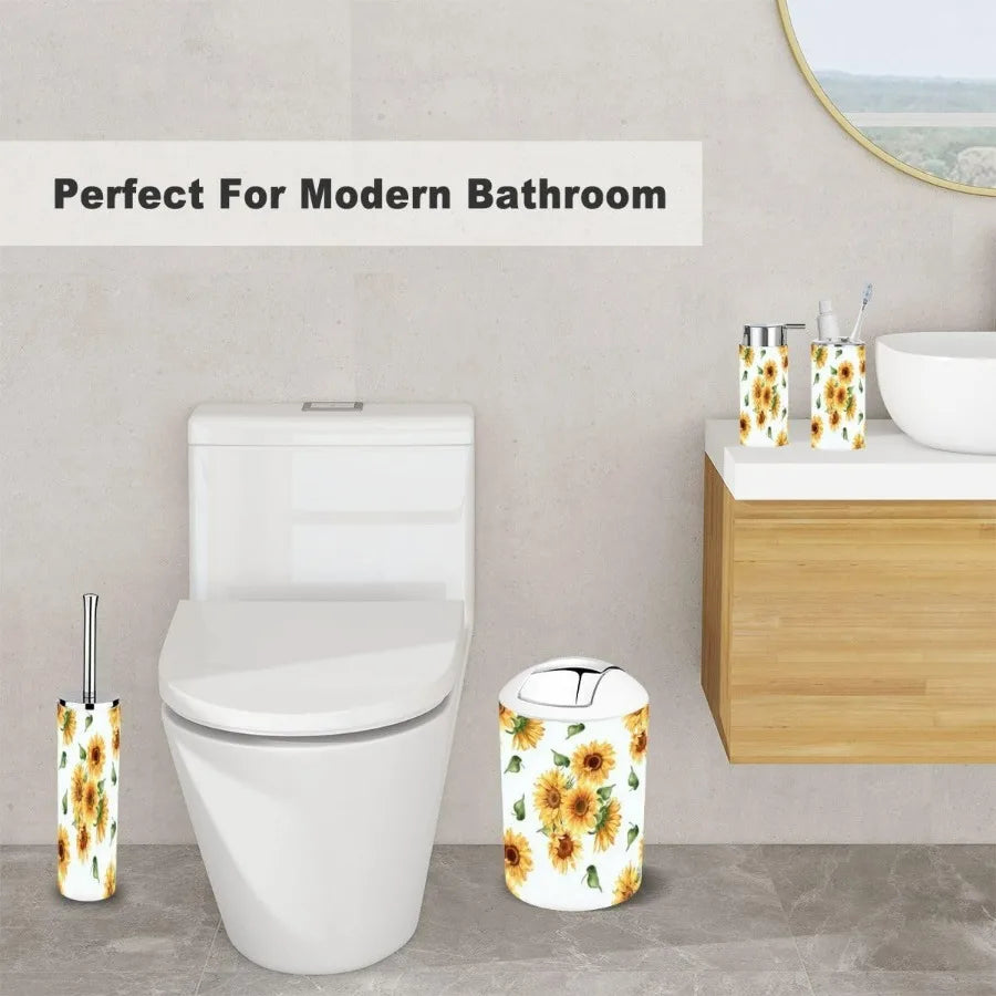 Bathroom Accessory Set 6 Piece Sunflower Yellow Summer Repeating Toothbrush Holder Toothbrush Cup Soap Dispenser Soap Dish Toil