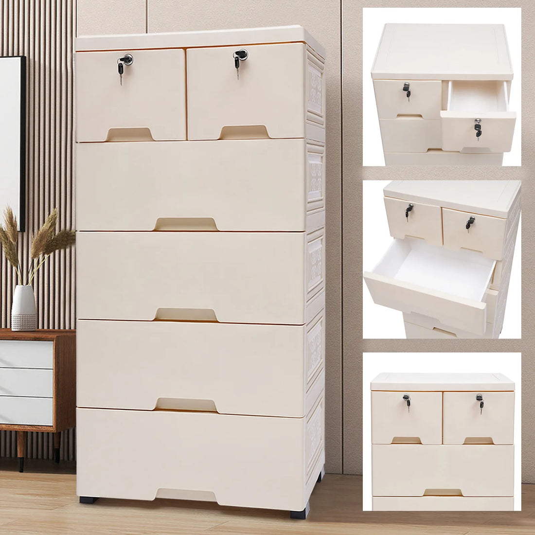 6 Drawers Dresser Tall Chest of Drawer Wood Storage Organizer Closet for Bedroom