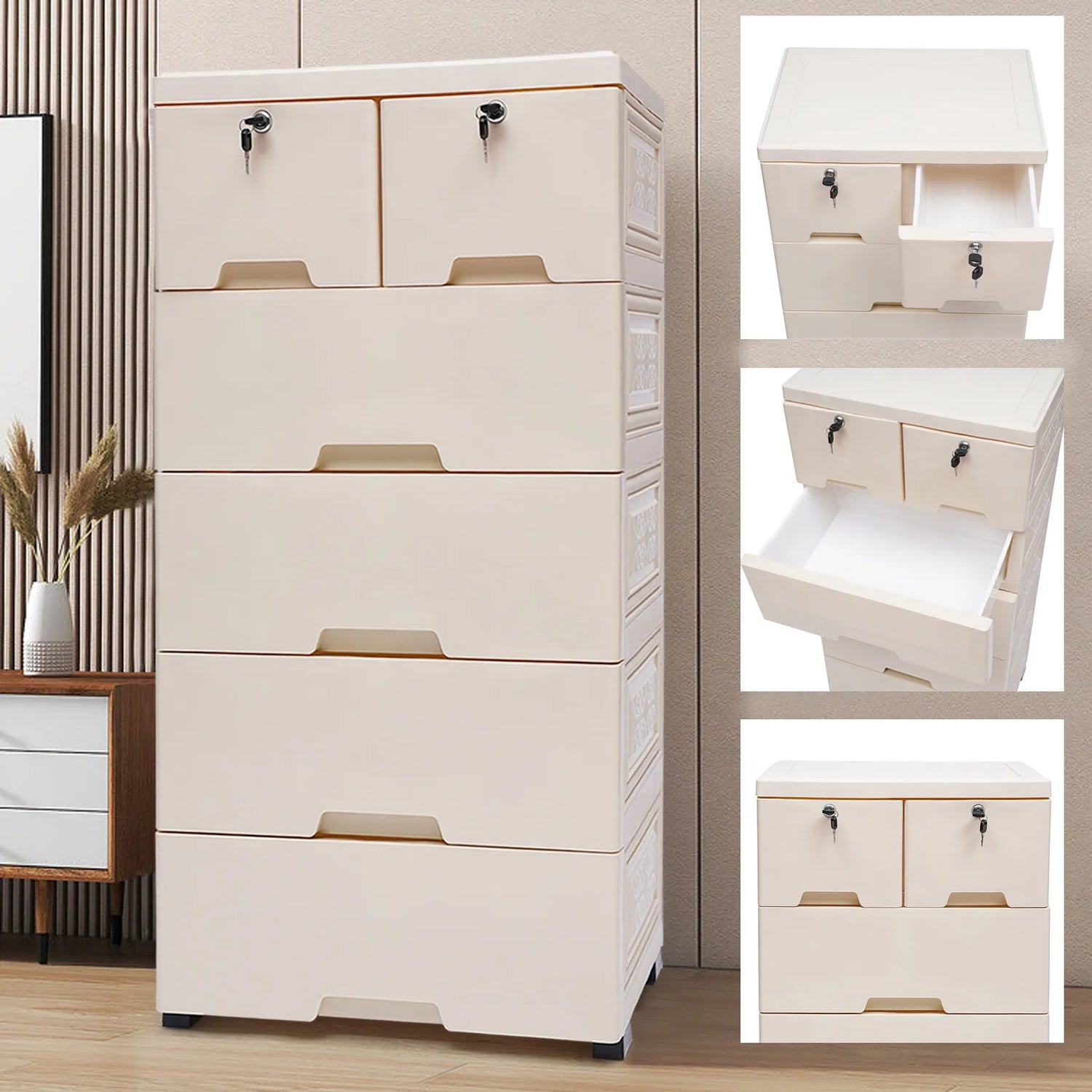 6 Drawers Dresser Tall Chest of Drawer Wood Storage Organizer Closet for Bedroom