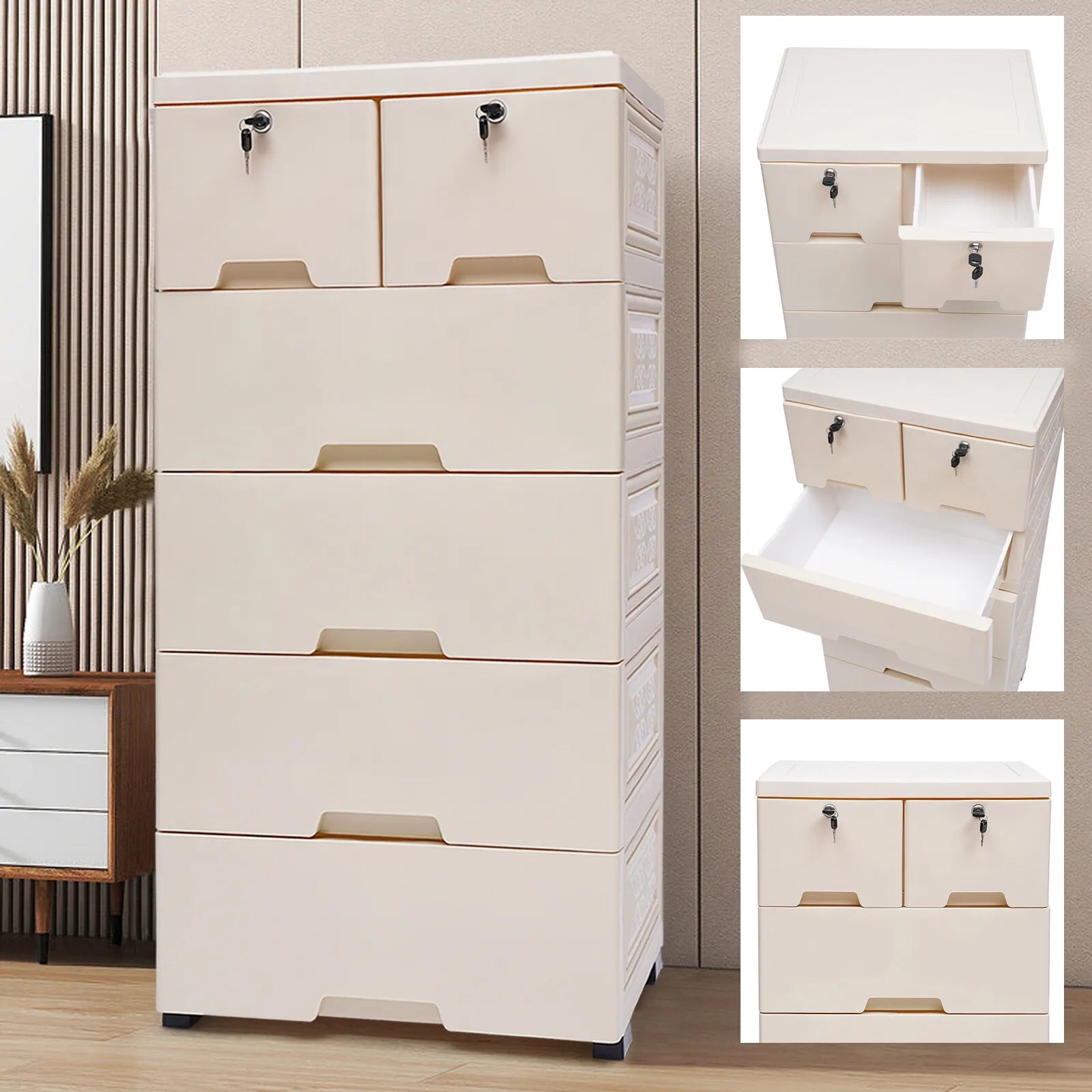 6 Drawers Dresser Tall Chest of Drawer Wood Storage Organizer Closet for Bedroom