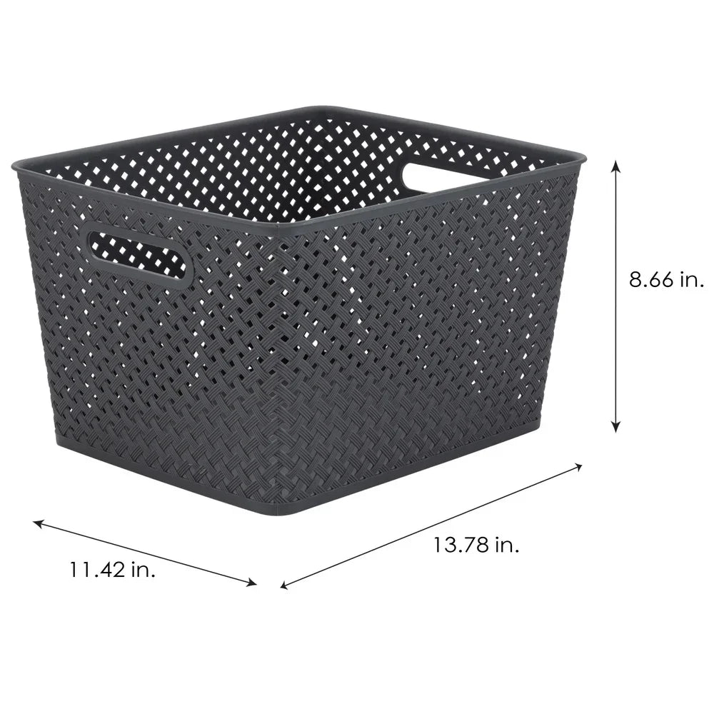 Large Storage Bin Gray Resin Wicker Lightweight Organizing Basket with Handles for Home Storage