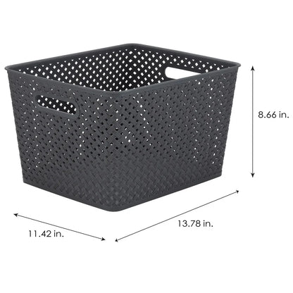 Large Storage Bin Gray Resin Wicker Lightweight Organizing Basket with Handles for Home Storage