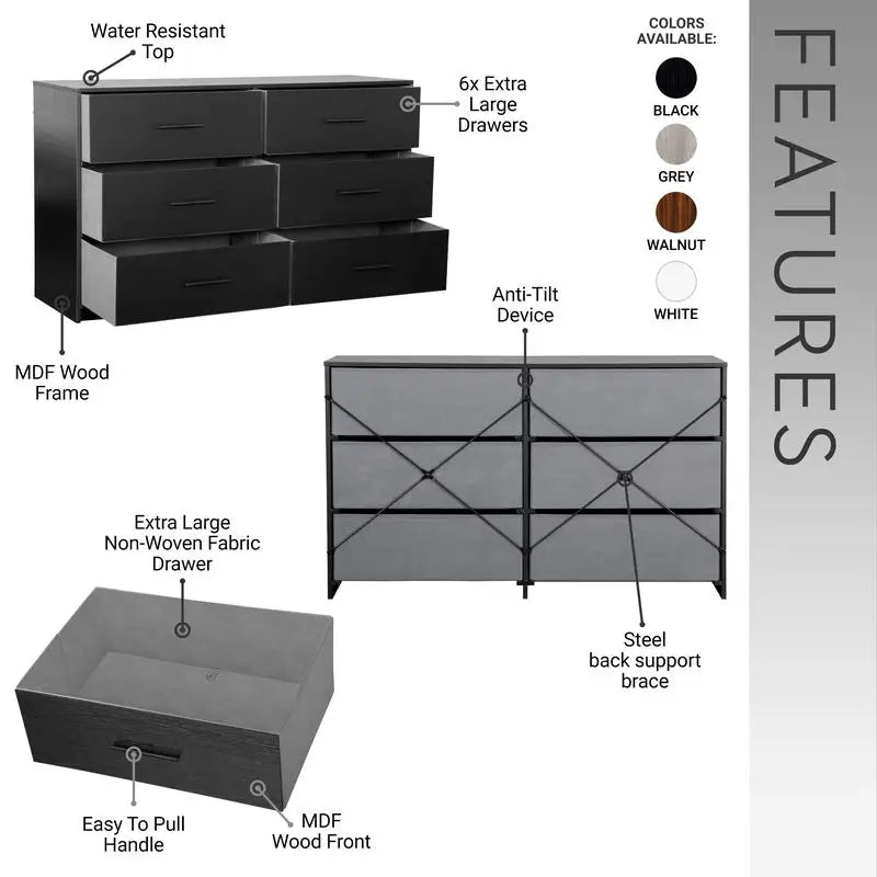 6-Drawer Dresser With Large Fabric Storage Drawers For Bedroom