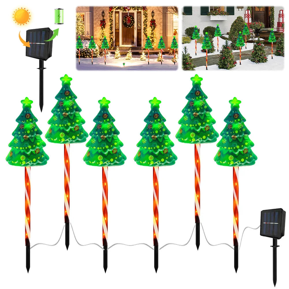 6 Pack Solar Xmas Tree Light 6 Modes LED Solar Powered String Lights USB Rechargeable Xmas Tree Candy Cane Light for Garden Lawn