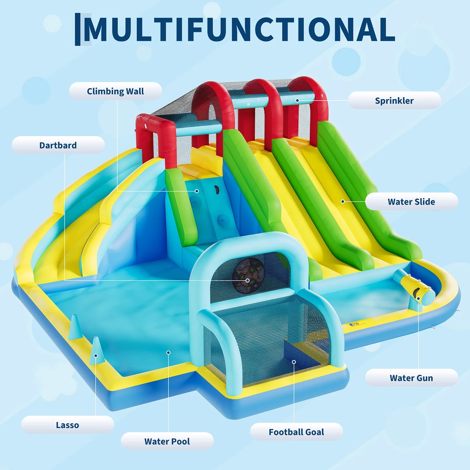 Indoor Outdoor Inflatable Bounce Castle w/3 Water Slides, Oxford Bounce Play Center for Kids Kindergarten Backyard Water  Sports