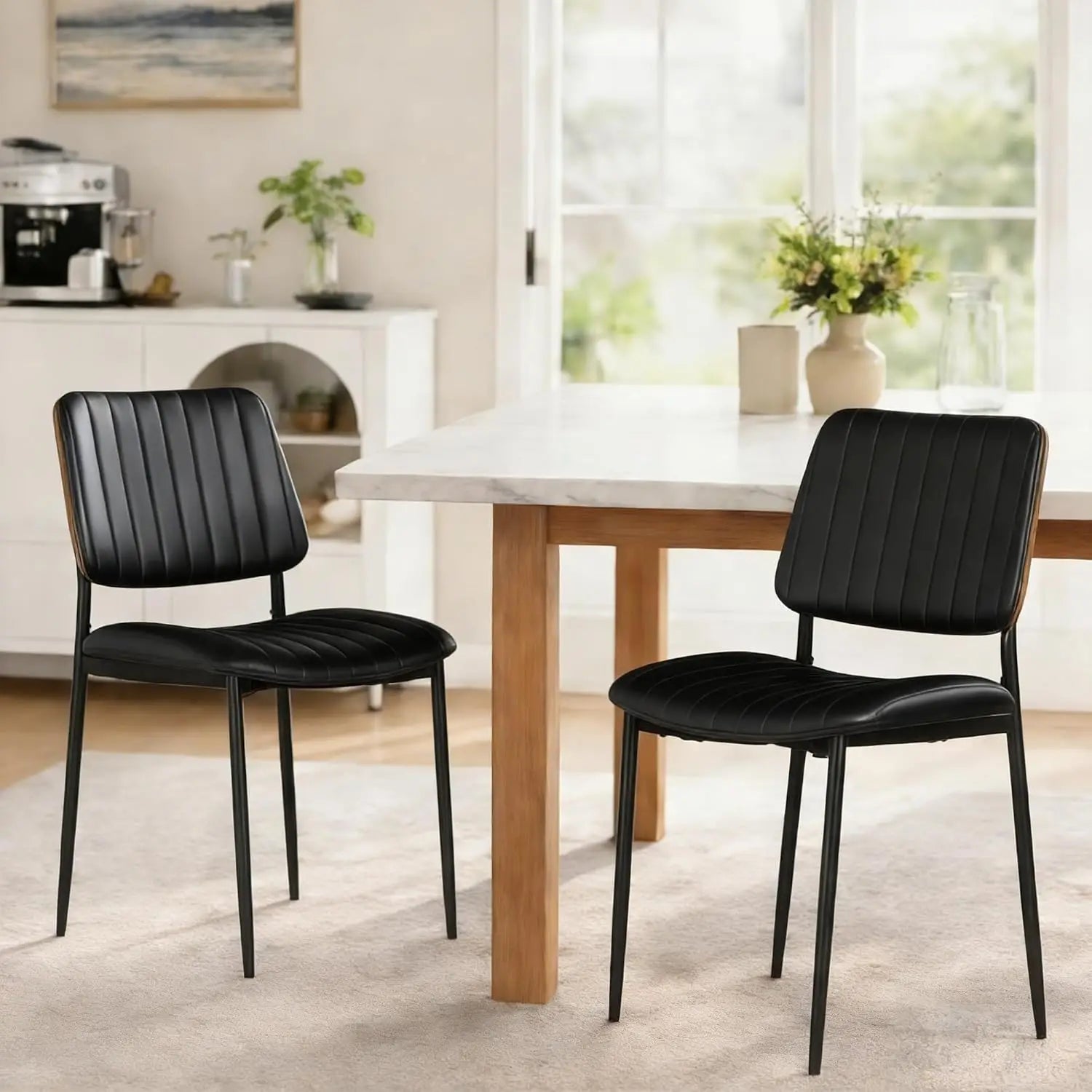Mid Century Modern Kitchen Chairs Set of 2, PU Leather Upholstered Dining Chairs with Walnut Bentwood Back, Sturdy, Customized