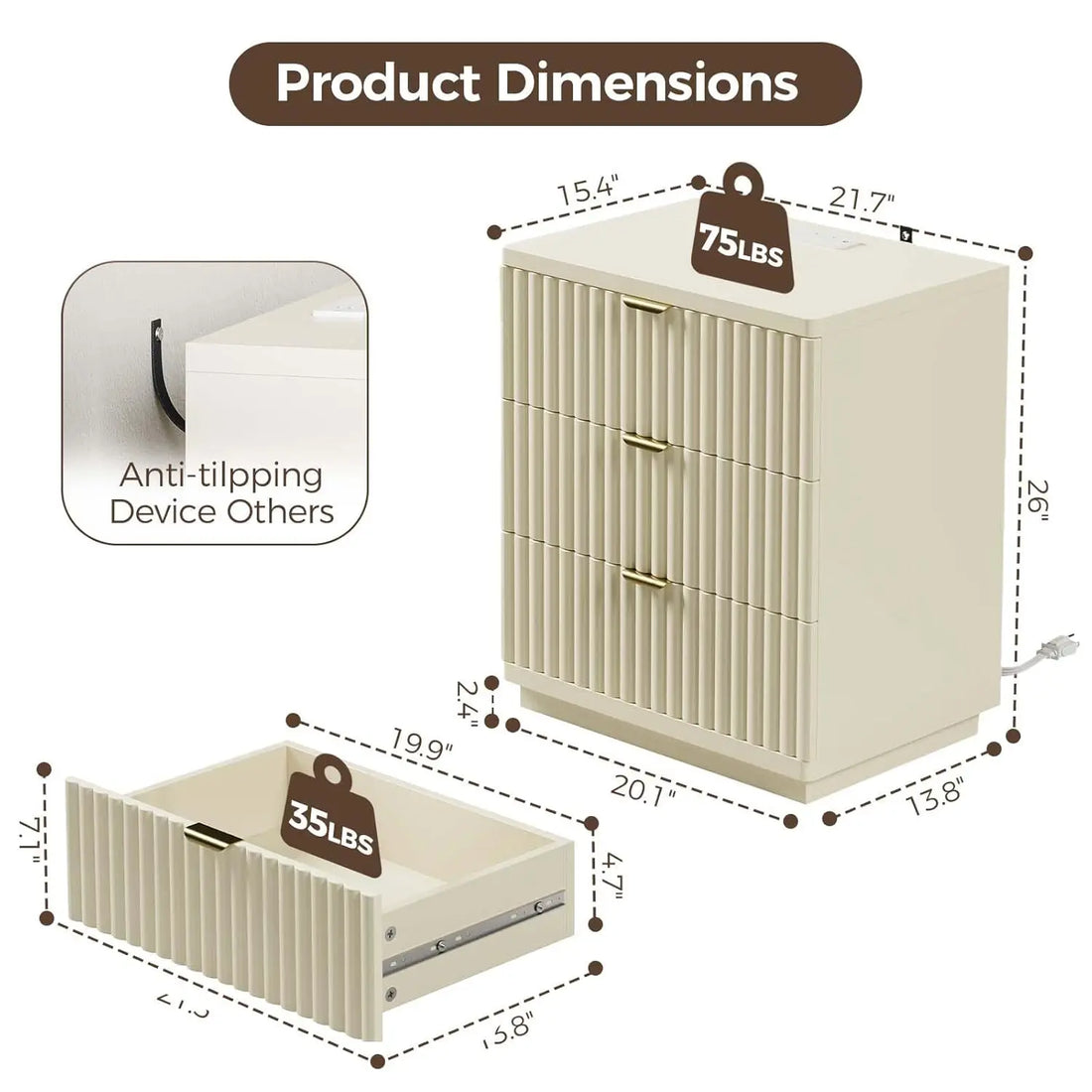 3 Drawer Charging Bedside Table Large Fluted Modern Bedroom End Table Set Of 2, Customized