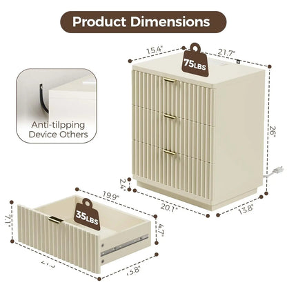 3 Drawer Charging Bedside Table Large Fluted Modern Bedroom End Table Set Of 2, Customized