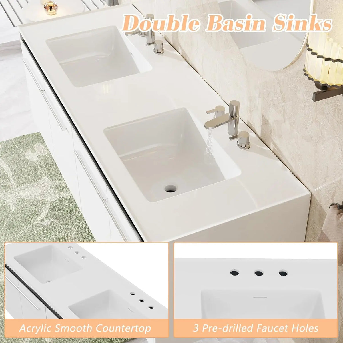 60" LED Floating Bathroom Double Vanity with Sink, Modern High Gloss Wall Mounted Bathroom Storage Cabinet with 3 Hole Sink