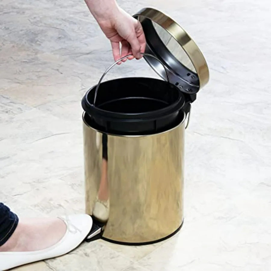 Metal Steel/Plastic Toilet Bowl Brush Holder and Round 1.3 Gallon 5L Step Trash Can Combo Set for Bathroom with Brass Finish fo