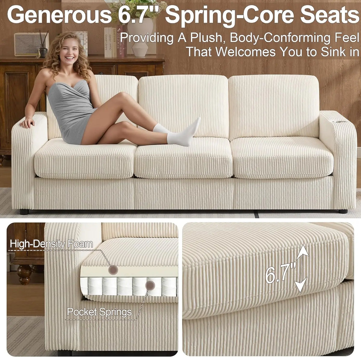 SUXI Modern Upholstered Sofa With Deep Seats And Cup Holders